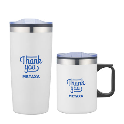 White Lou Asador tumbler and mug gift set with clear lids and blue 'Thank you METAXA' text, featuring a tall travel tumbler and a handle mug.