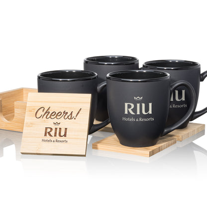 Matte black mugs with black interiors, paired with engraved wooden coasters in a stylish gift set.
