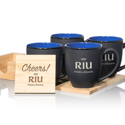 Matte black mugs with blue interiors, paired with engraved wooden coasters in a stylish gift set.