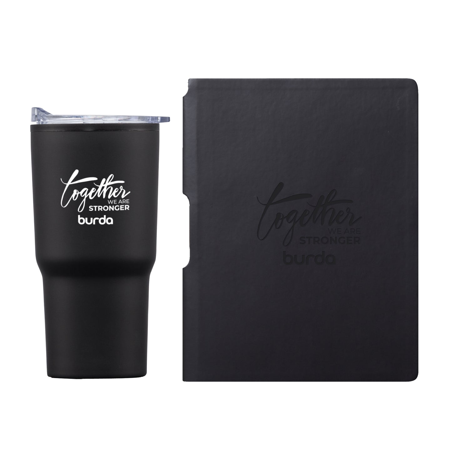 Matte black tumbler with white screen-printed “Together We Are Stronger – burda” logo paired with a matching black journal featuring a debossed version of the same logo.