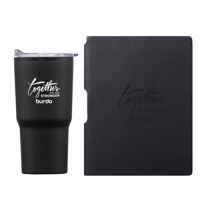 Matte black tumbler with white screen-printed “Together We Are Stronger – burda” logo paired with a matching black journal featuring a debossed version of the same logo.