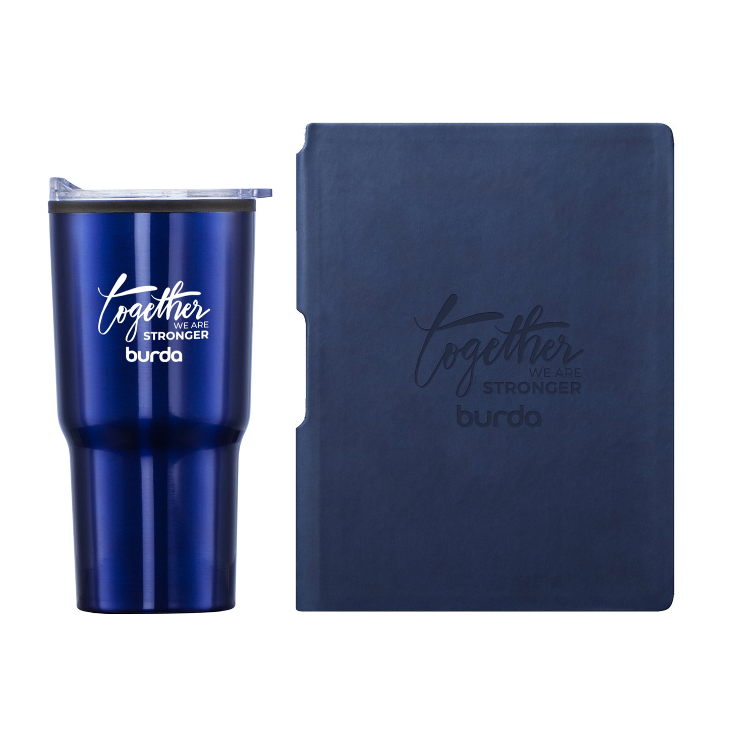 Matte blue tumbler with white screen-printed “Together We Are Stronger – burda” logo paired with a matching blue journal featuring a debossed version of the same logo.