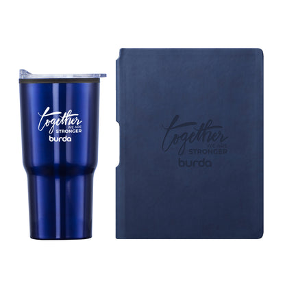 Matte blue tumbler with white screen-printed “Together We Are Stronger – burda” logo paired with a matching blue journal featuring a debossed version of the same logo.
