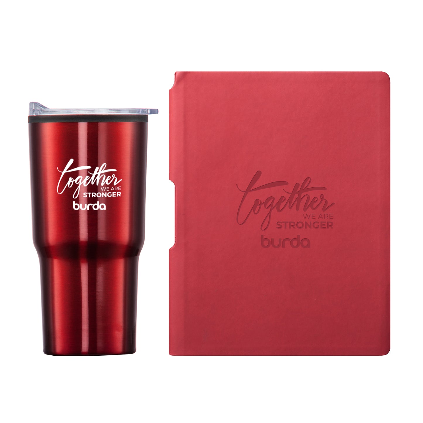Matte red tumbler with white screen-printed “Together We Are Stronger – burda” logo paired with a matching red journal featuring a debossed version of the same logo.