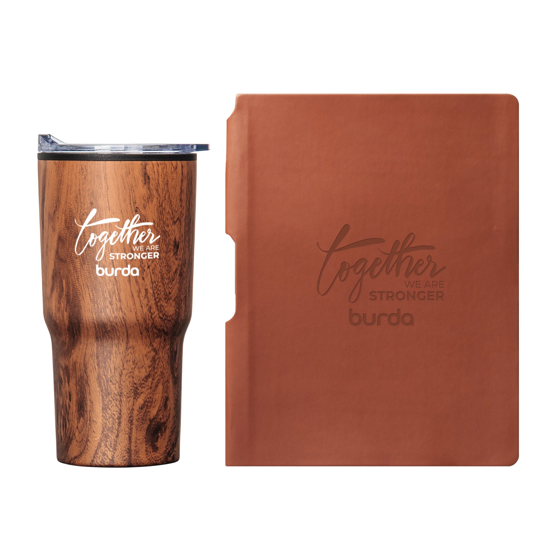 Woodgrain-patterned insulated tumbler with clear lid and leatherette journal, both customized with the "Together We Are Stronger – burda" logo in screen print and debossed finish.