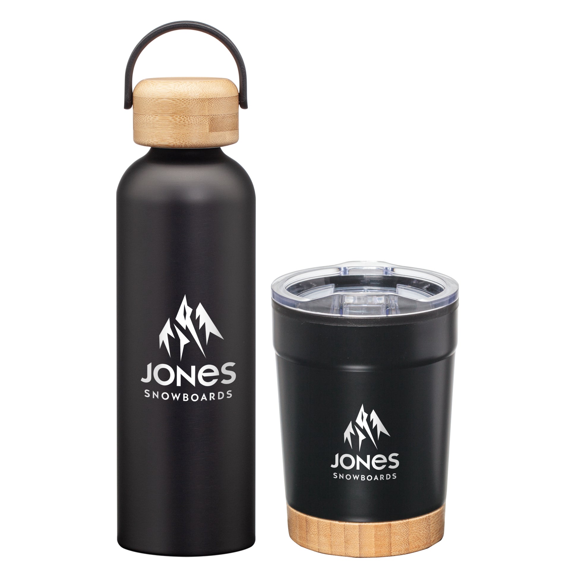 Matte black stainless steel bottle with bamboo lid and matching insulated tumbler with bamboo base and clear lid, both featuring the white “Jones Snowboards” logo.