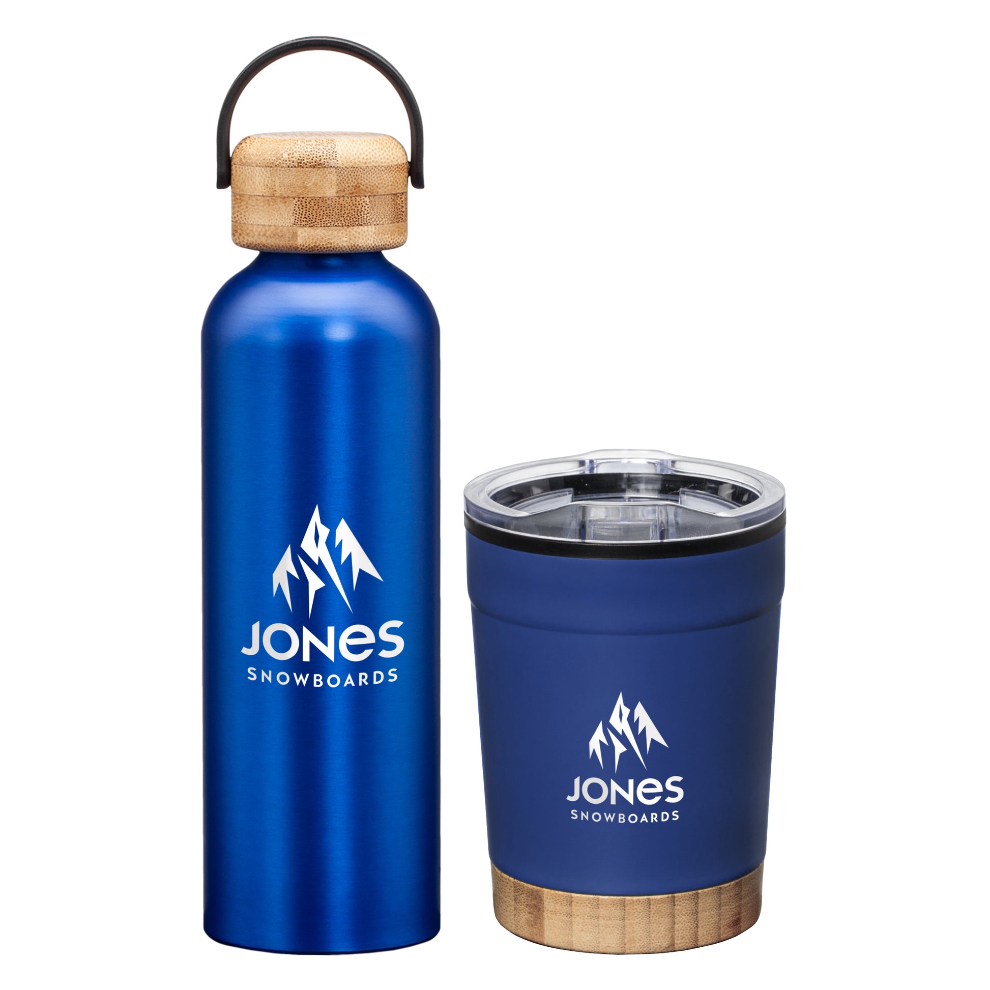 Matte blue stainless steel bottle with bamboo lid and matching insulated tumbler with bamboo base and clear lid, both featuring the white “Jones Snowboards” logo.