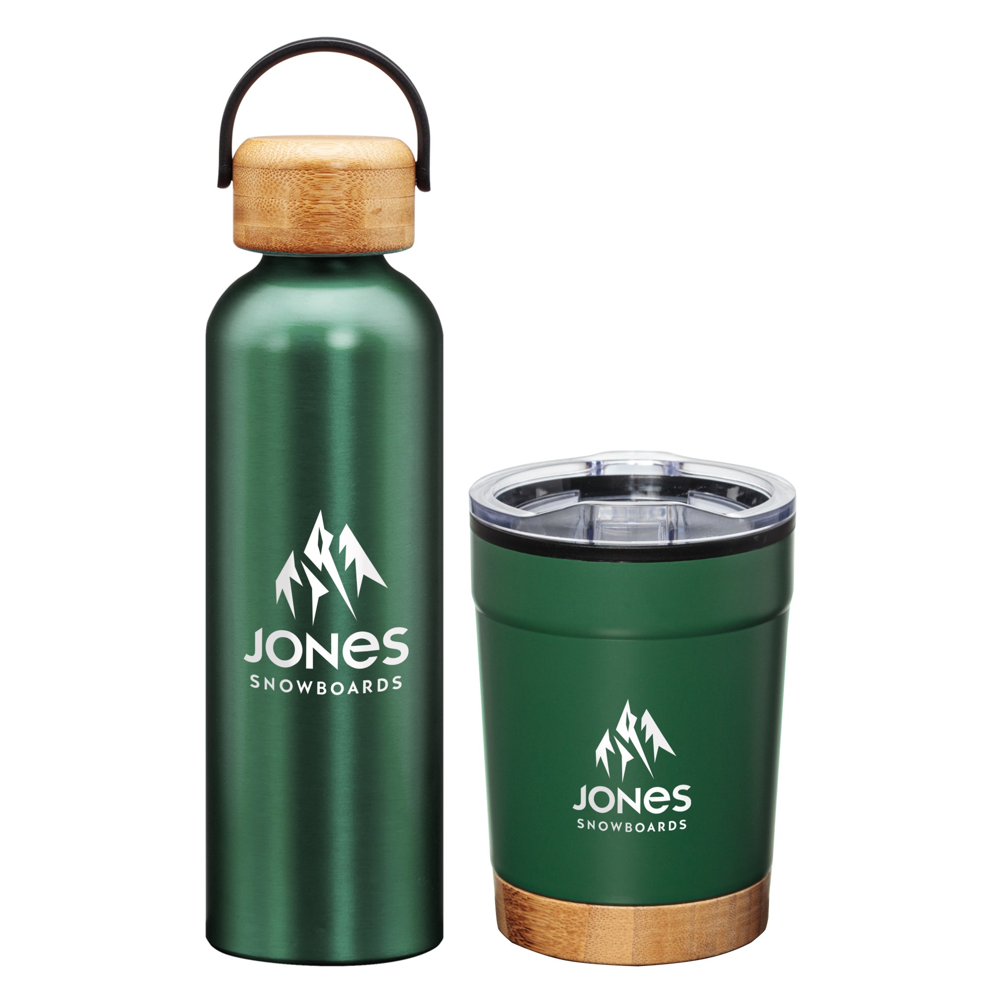Matte forest green stainless steel bottle with bamboo lid and matching insulated tumbler with bamboo base and clear lid, both featuring the white “Jones Snowboards” logo.