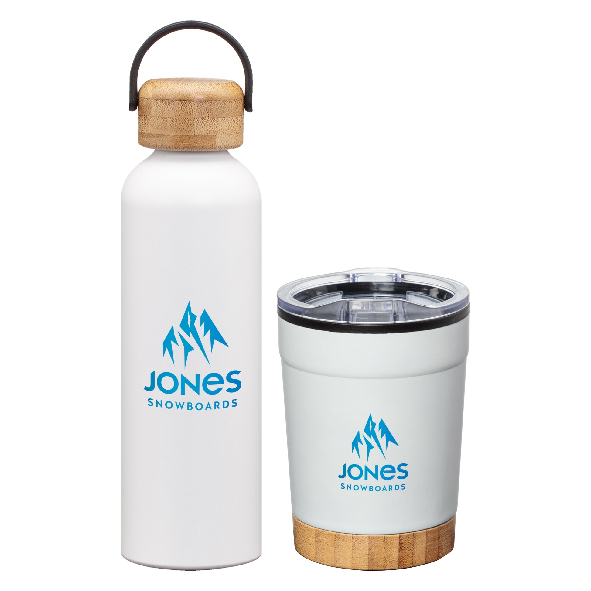White stainless steel water bottle with bamboo lid and matching insulated tumbler with bamboo base, both featuring the “Jones Snowboards” logo in blue; part of a Bambus Bottle & Tumbler Gift Set with screen printing included.