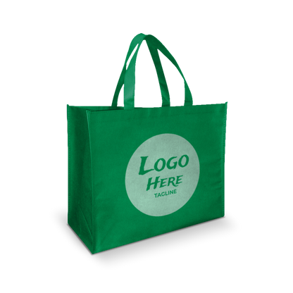 Green reusable tote bag with dual handles, featuring a large circular area on the front for a custom logo and tagline