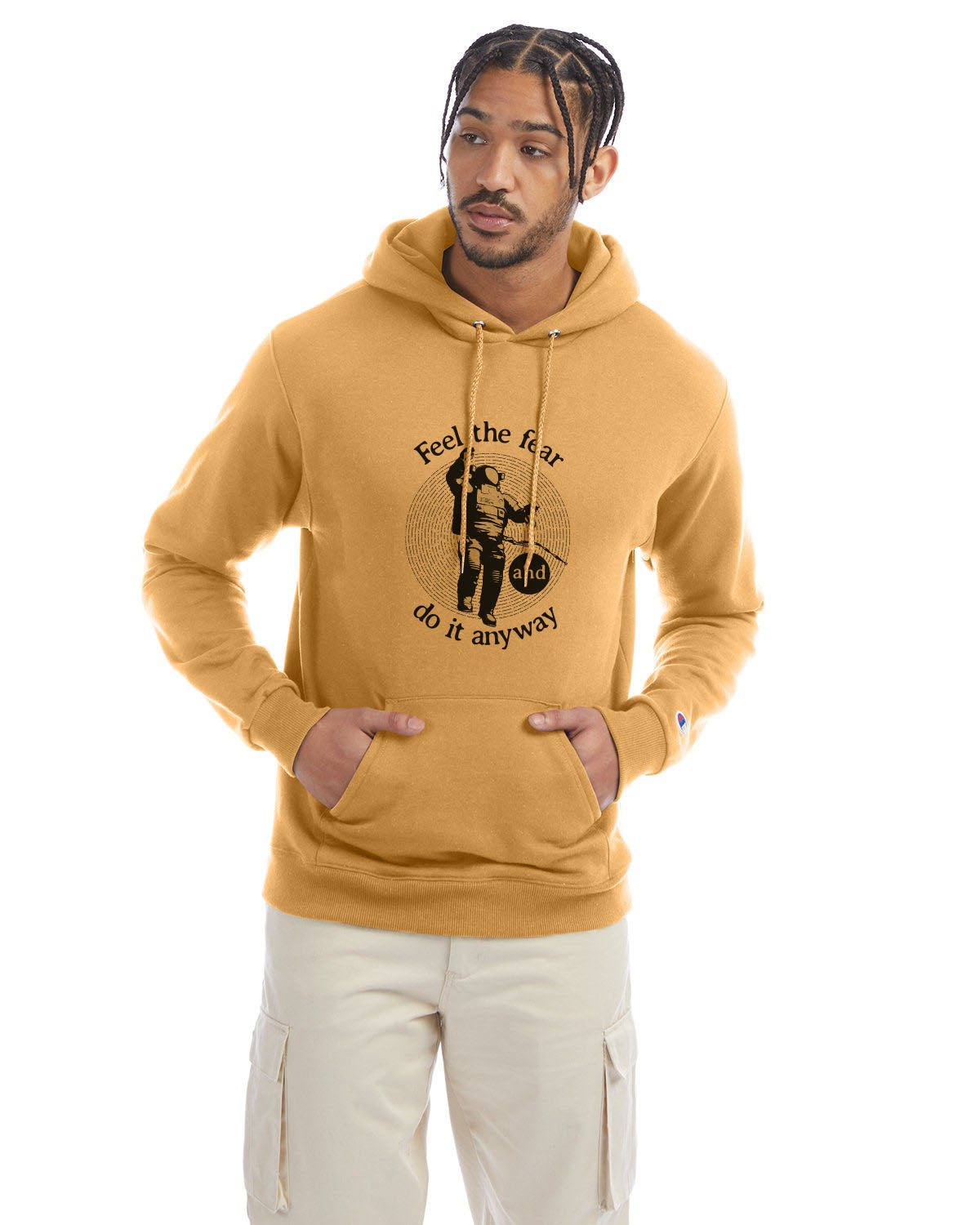 Gold glint Champion hoodie with “Feel the fear and do it anyway” graphic