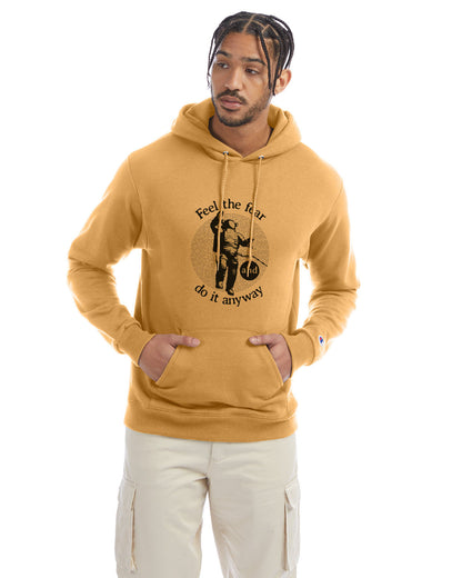 Gold glint Champion hoodie with “Feel the fear and do it anyway” graphic