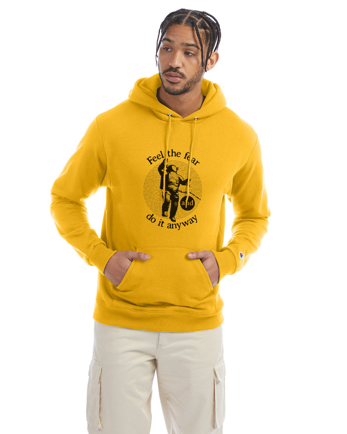 Yellow Champion hoodie with “Feel the fear and do it anyway” graphic