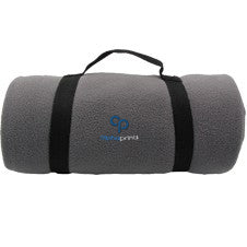 Gray rolled fleece travel blanket with carrying handle, featuring an embroidered 'alphaprints' logo on the front