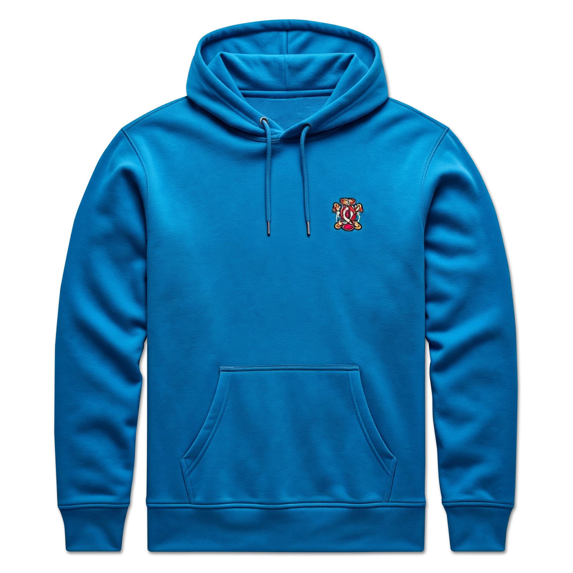 Blue hoodie with front pocket and small embroidered crest on the chest.
