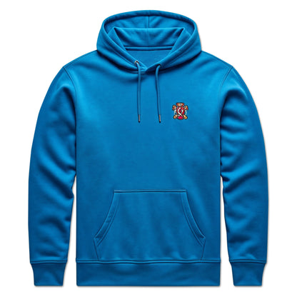 Blue hoodie with front pocket and small embroidered crest on the chest.