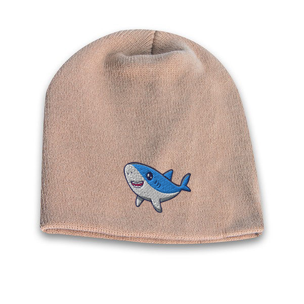 Khaki acrylic knit beanie featuring a cute embroidered cartoon shark logo on the front.