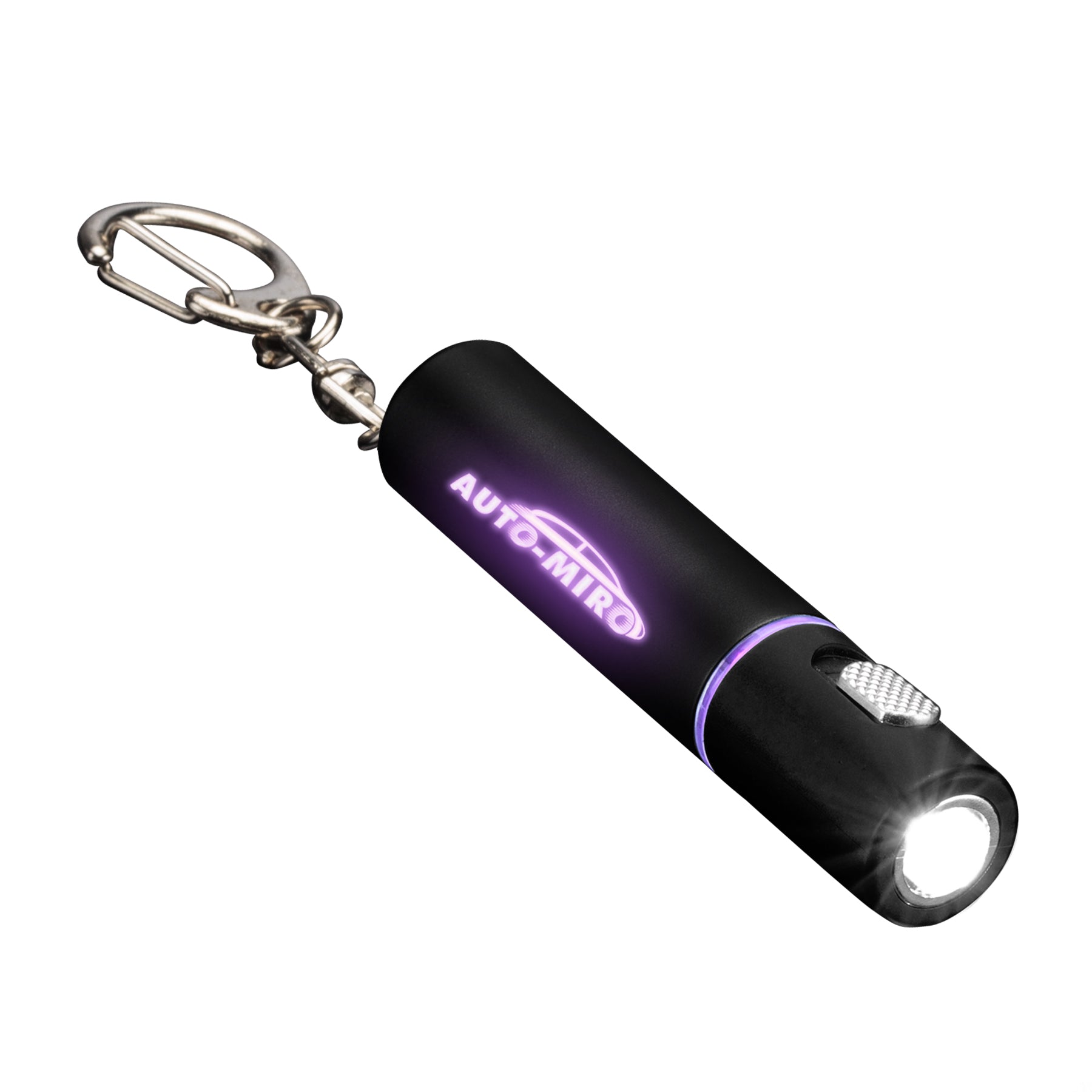 Sunray LED Keychain flashlight in matte black finish with bright white LED light, silver push-button, and illuminated custom 'AUTO MIRO' logo glowing in purple; includes attached metal keyring.