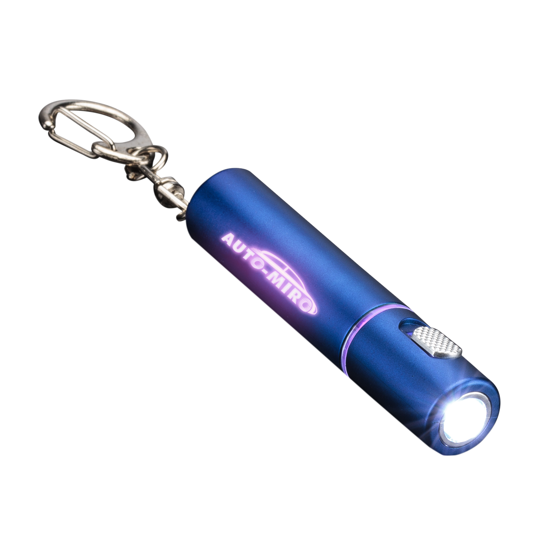 Sunray LED Keychain flashlight in metallic blue with a bright white light, silver push-button switch, and a glowing custom 'AUTO MIRO' logo illuminated in pink; attached to a metal keyring.