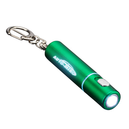 Sunray LED Keychain flashlight in metallic green finish, featuring a bright white LED light, textured silver push-button, and illuminated custom 'AUTO MIRO' logo; includes attached metal keyring clip