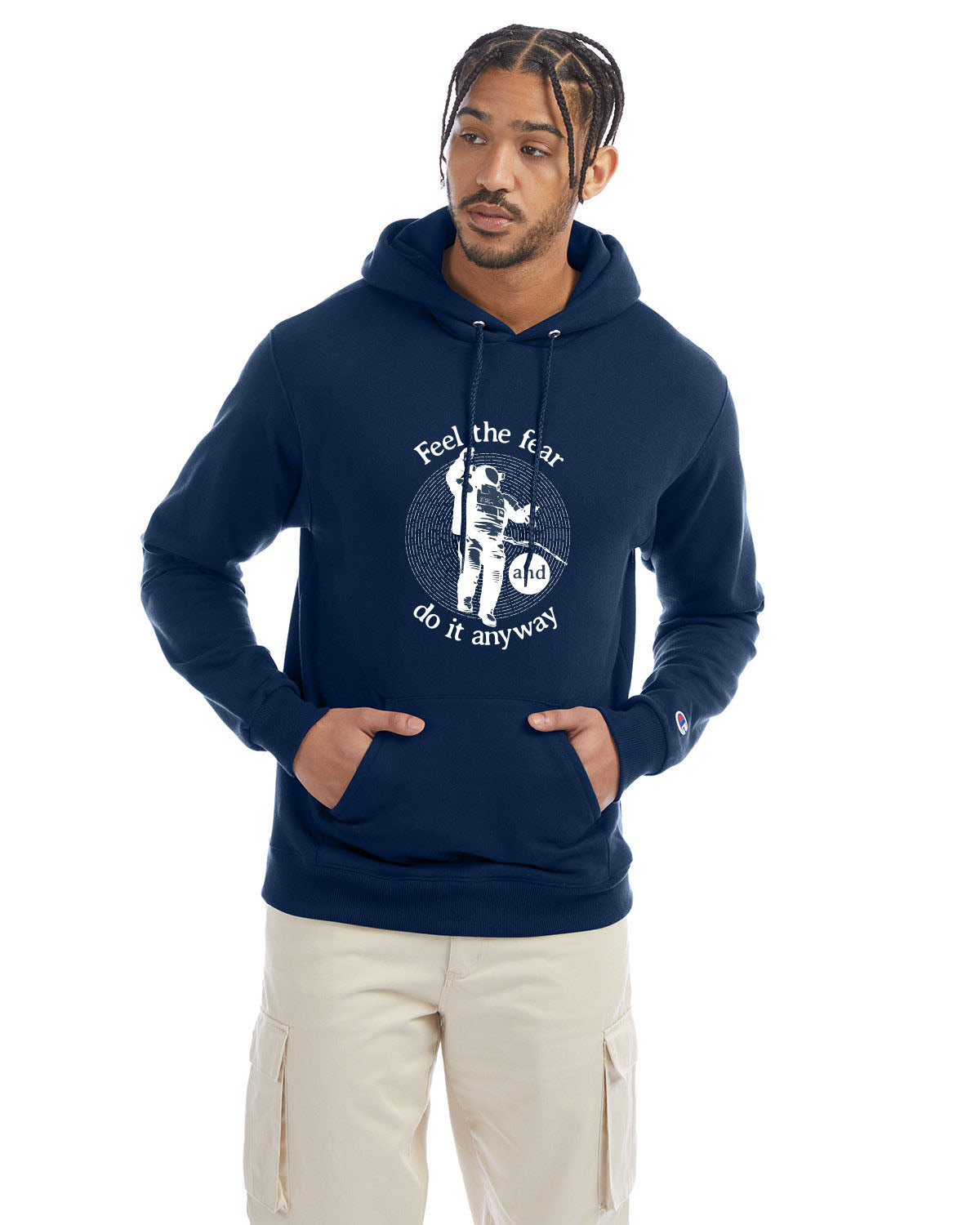Latenight blue Champion hoodie with “Feel the fear and do it anyway” graphic