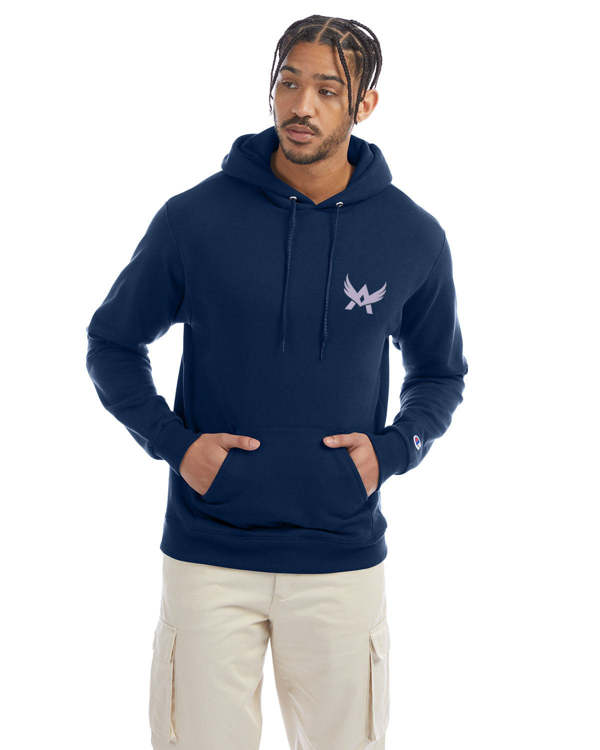 Model wearing a latenight blue Champion hoodie with a front kangaroo pocket and a purple abstract winged logo on the left chest