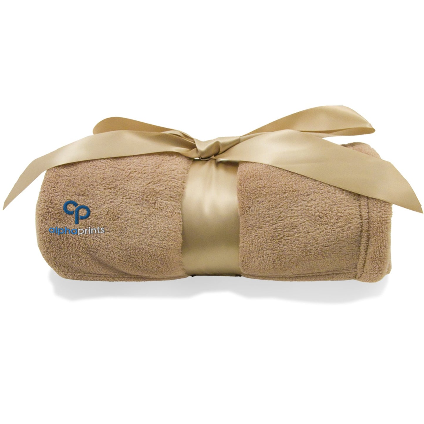 Rolled latte brown plush blanket tied with a satin ribbon and embroidered with the 'alphaprints' logo.
