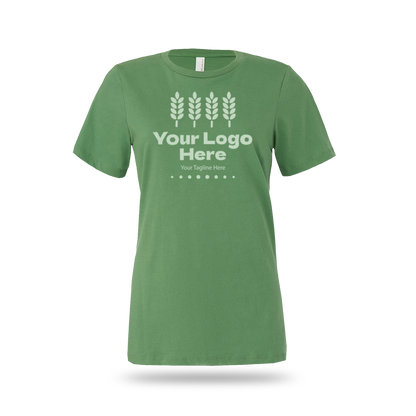 Leaf Bella + Canvas BCB6400 ladies' jersey short-sleeve T-shirt with custom white logo and text.