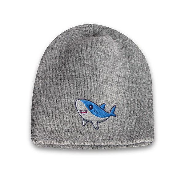 Light grey acrylic knit beanie featuring a cute embroidered cartoon shark logo on the front