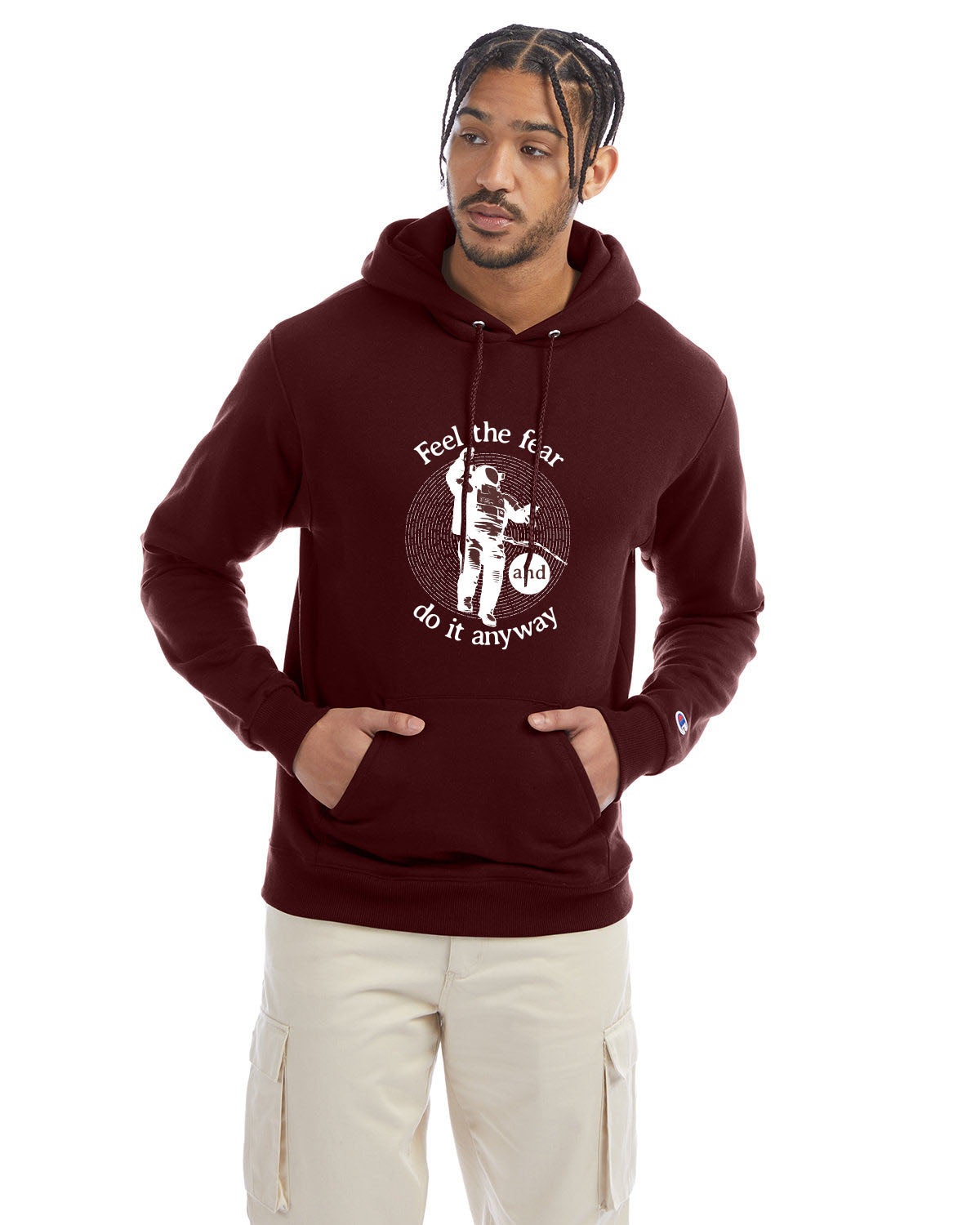 Maroon Champion hoodie with “Feel the fear and do it anyway” graphic