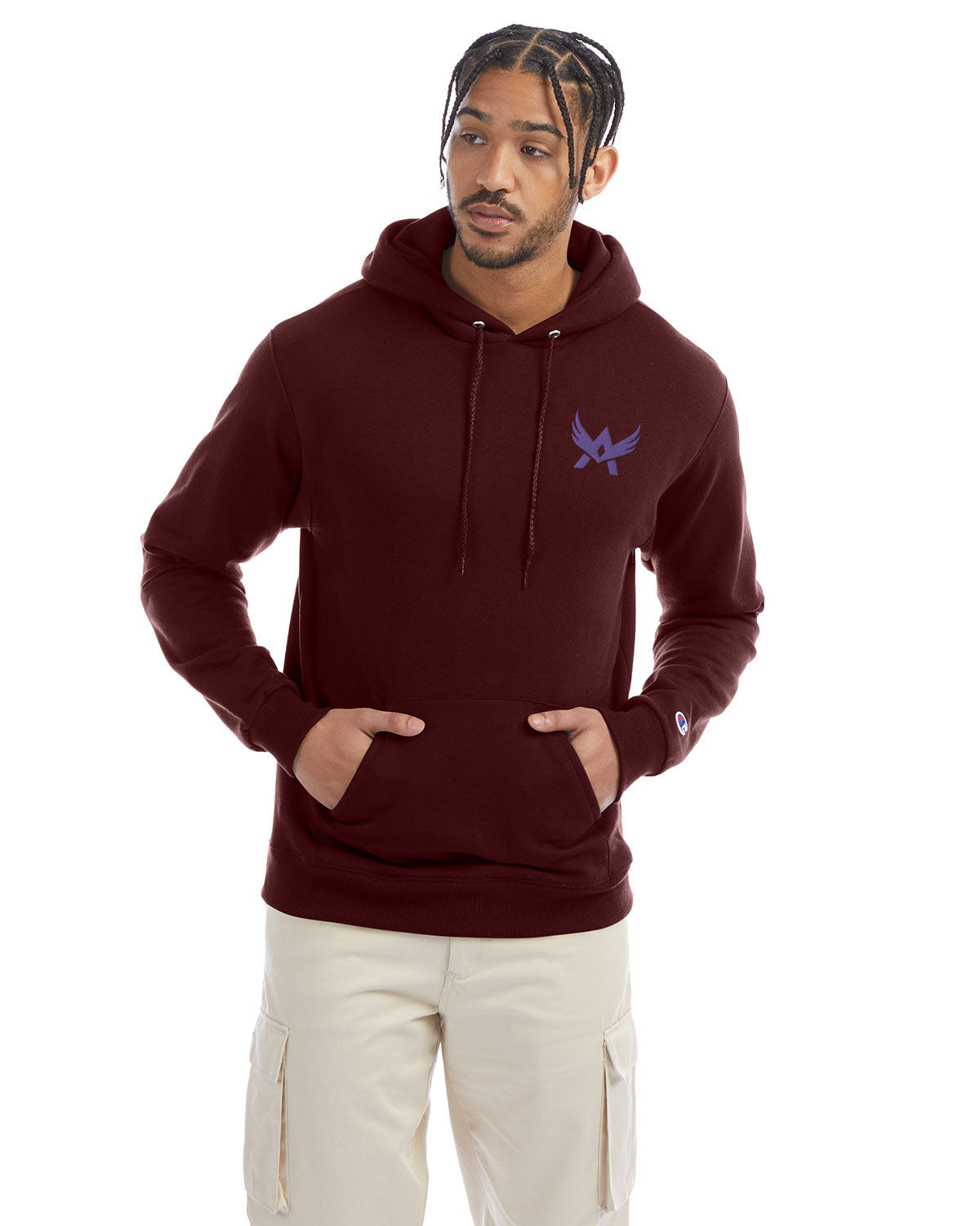 Model wearing a maroon Champion hoodie with a front kangaroo pocket and a purple abstract winged logo on the left chest