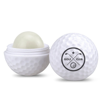 Golf ball-shaped lip balm container with textured surface; one half open revealing the balm, and the other half displaying a "GOLF CLUB" logo with crossed clubs and a golf ball