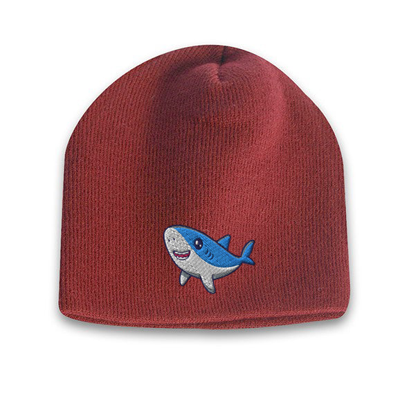 Maroon acrylic knit beanie featuring a cute embroidered cartoon shark logo on the front