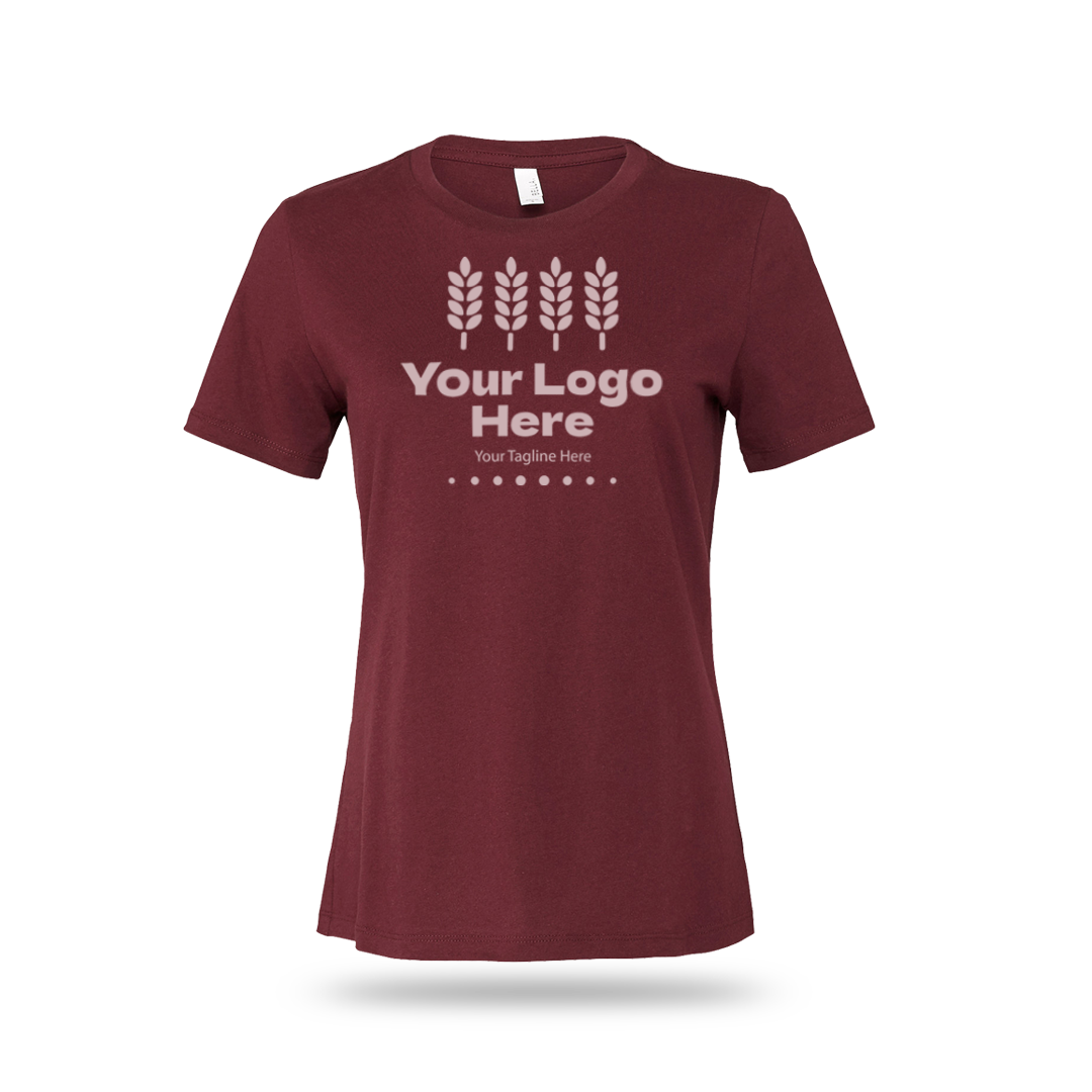 Maroon Bella + Canvas BCB6400 ladies' jersey short-sleeve T-shirt with custom white logo and text.