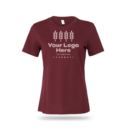 Maroon Bella + Canvas BCB6400 ladies' jersey short-sleeve T-shirt with custom white logo and text.