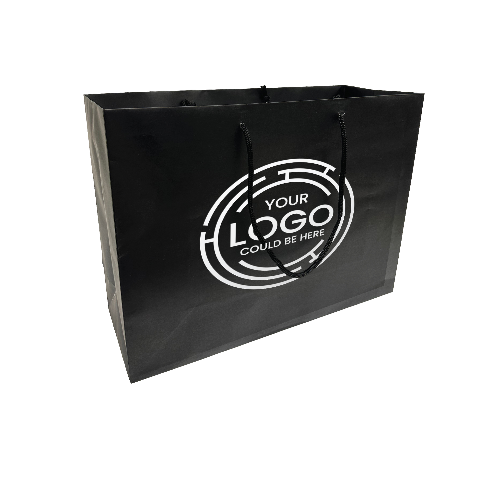 Black paper shopping bag with black rope handles and a circular white "YOUR LOGO COULD BE HERE" design printed on the front.