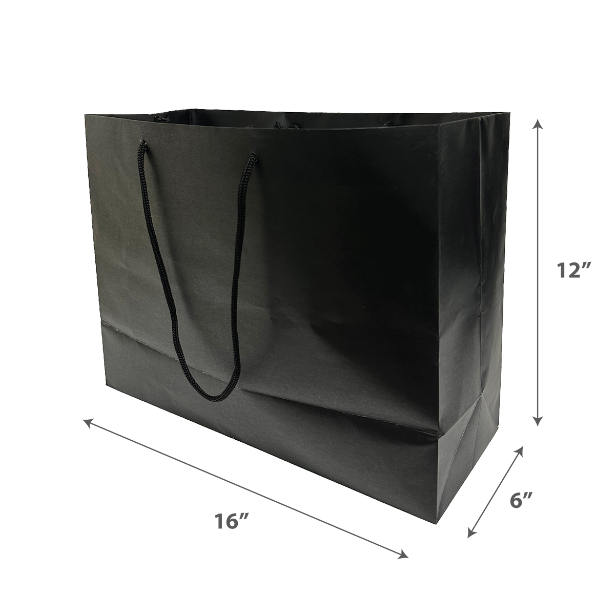 Black paper shopping bag with rope handles, displayed on a transparent background. Dimensions shown are 16 inches wide, 12 inches tall, and 6 inches deep.