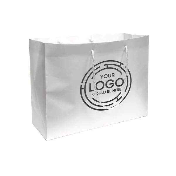 White paper shopping bag with white rope handles and a circular "YOUR LOGO COULD BE HERE" design printed in black on the front.