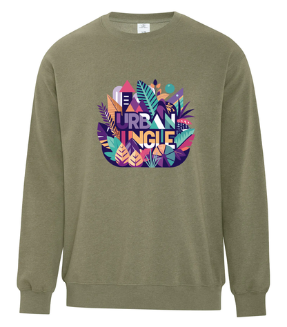 Olive green crewneck sweatshirt featuring a colorful 'Urban Jungle' graphic on the chest, with illustrated leaves, buildings, and playful geometric shapes.