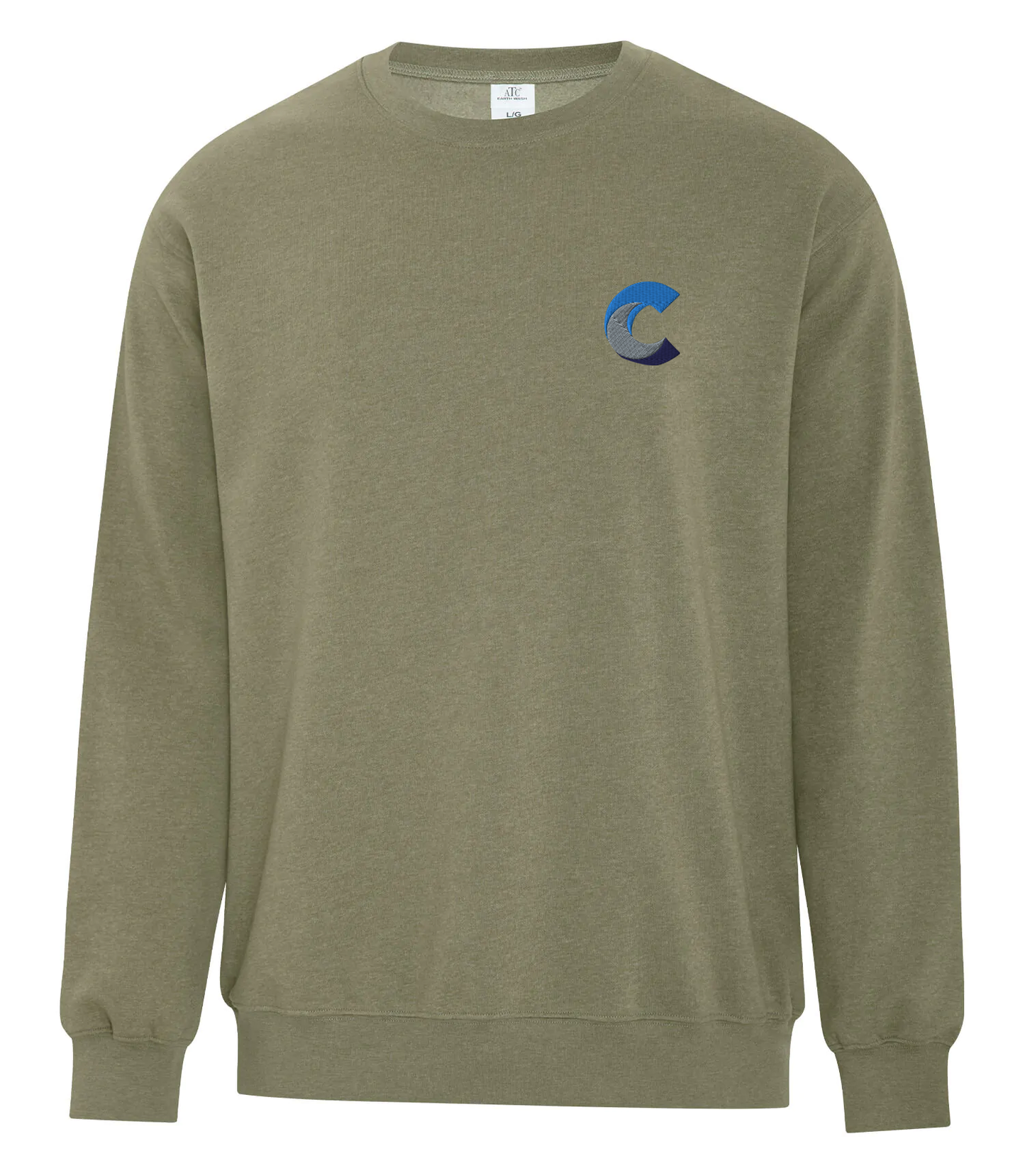 Front view of an olive green crewneck sweatshirt with a small embroidered blue 'C' logo on the left chest, displayed against a white background