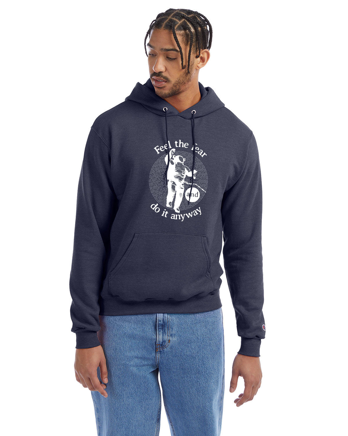 Navy heather Champion hoodie with “Feel the fear and do it anyway” graphic