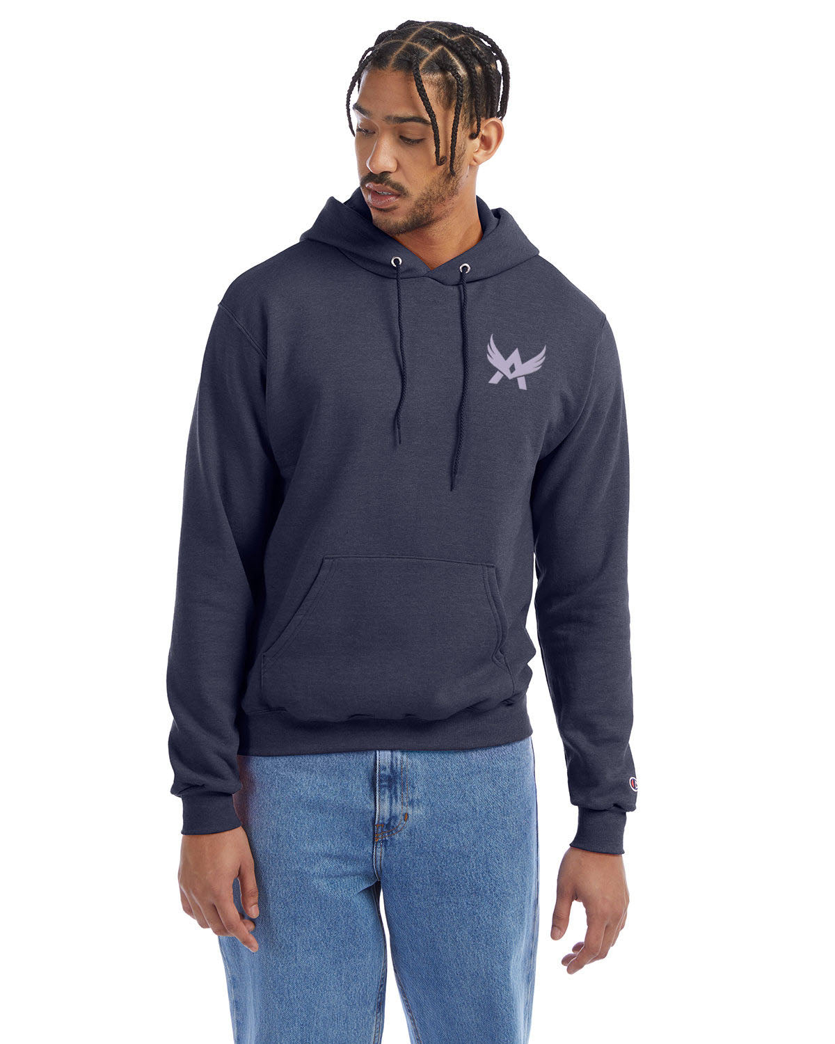 Model wearing a navy heather Champion hoodie with a front kangaroo pocket and a purple abstract winged logo on the left chest