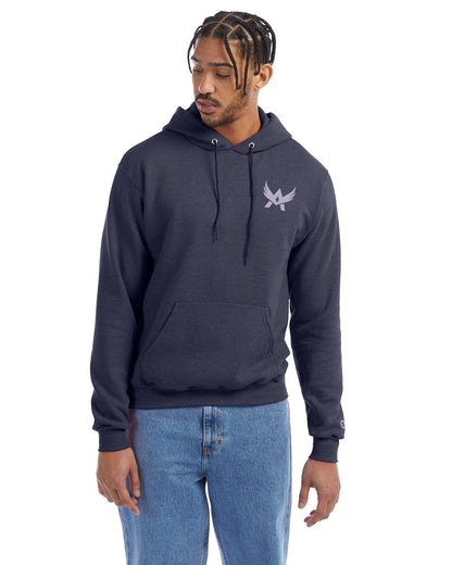 Model wearing a navy heather Champion hoodie with a front kangaroo pocket and a purple abstract winged logo on the left chest