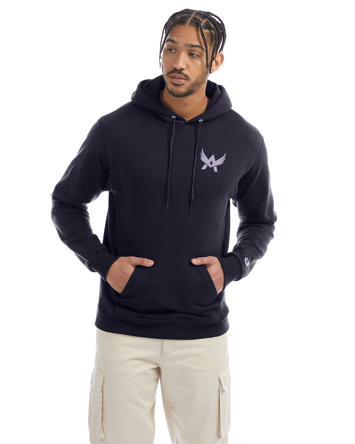 Model wearing a navy Champion hoodie with a front kangaroo pocket and a purple abstract winged logo on the left chest
