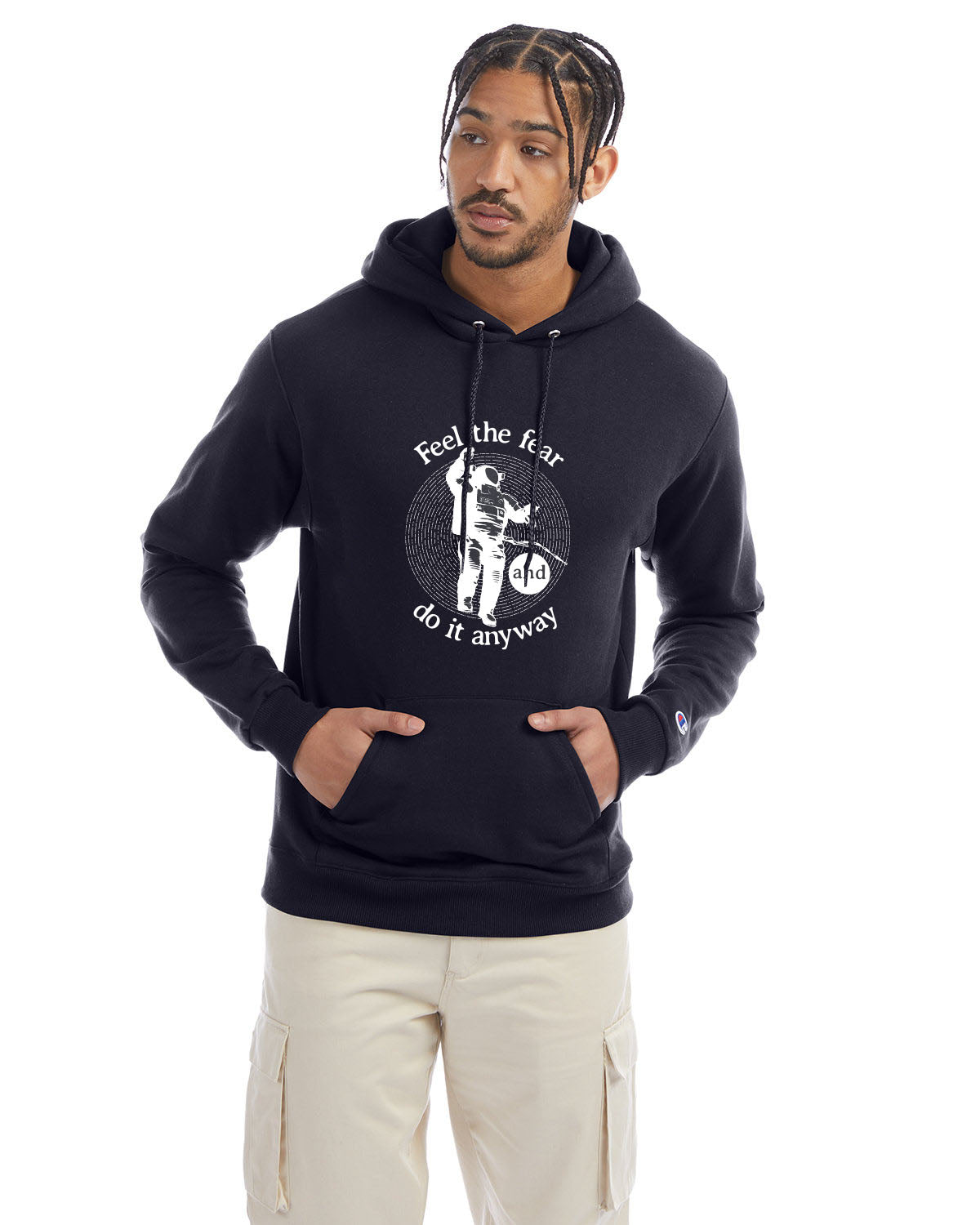 Navy Champion hoodie with “Feel the fear and do it anyway” graphic