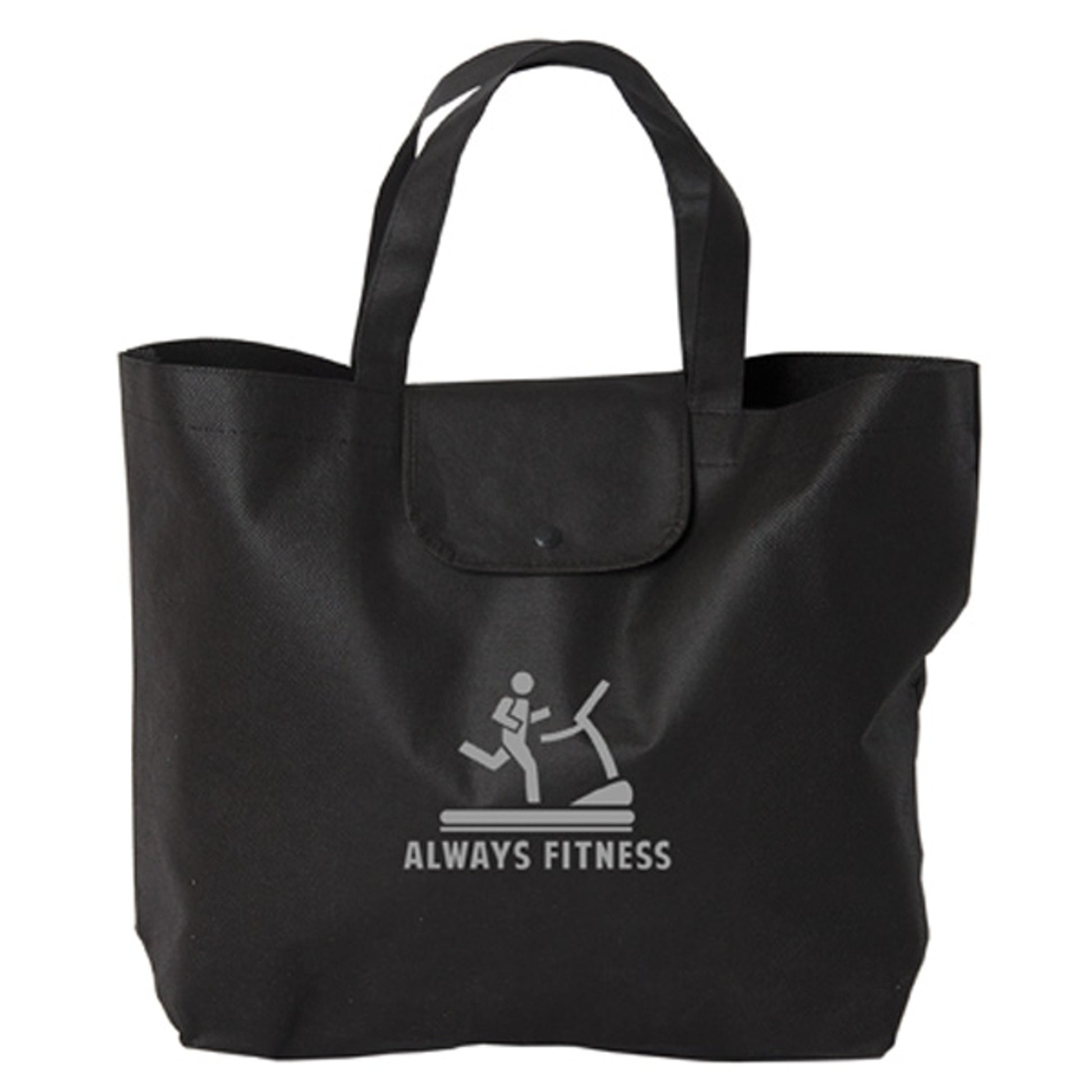 Black foldable tote bag with snap closure and Always Fitness logo
