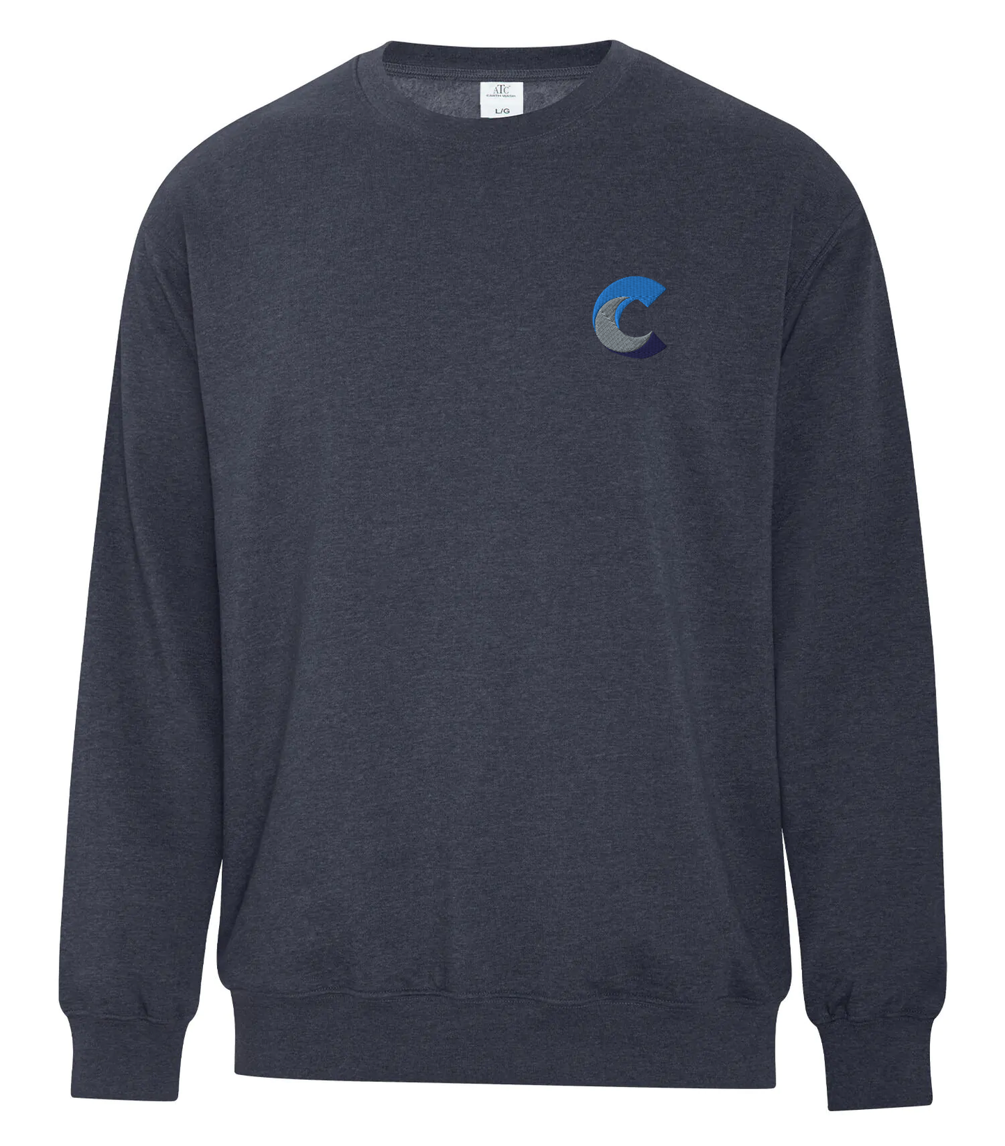 Front view of a navy blue crewneck sweatshirt with a small embroidered blue 'C' logo on the left chest, displayed against a white background