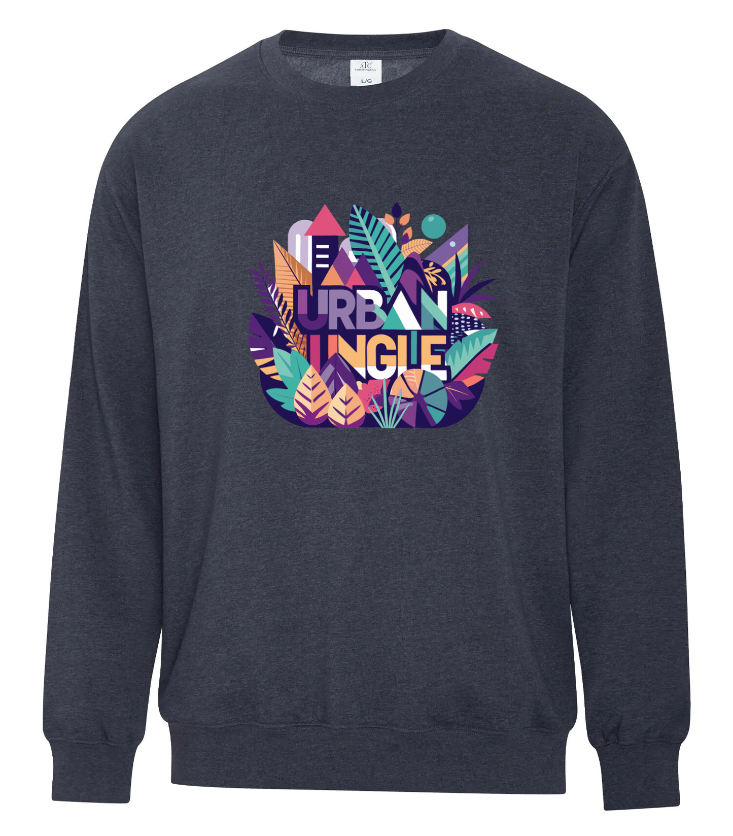 Dark heather crewneck sweatshirt featuring a vibrant 'Urban Jungle' graphic design on the chest, with multicolored leaves, buildings, and abstract shapes