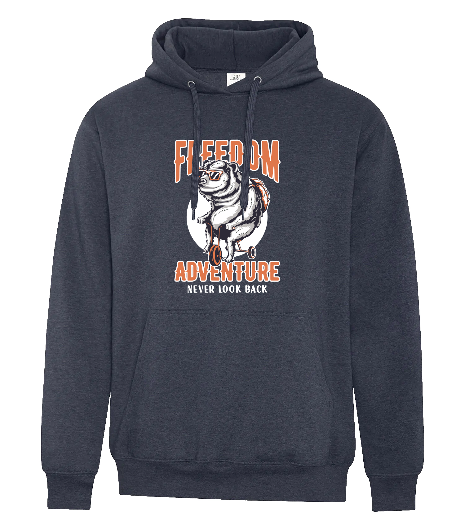 ATC Earth Wash Tourbillon fleece hoodie in dark heather navy, featuring a bold graphic of a bear on a motorcycle with the text 'FREEDOM ADVENTURE – NEVER LOOK BACK' printed on the chest.