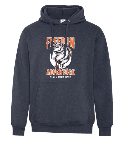 ATC Earth Wash Tourbillon fleece hoodie in dark heather navy, featuring a bold graphic of a bear on a motorcycle with the text 'FREEDOM ADVENTURE – NEVER LOOK BACK' printed on the chest.